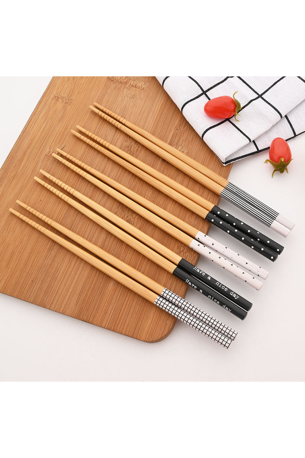5Pairs Black White 5Pairs Reusable Tableware Handmade Bamboo Japanese Natural Wood Chopsticks Sushi
