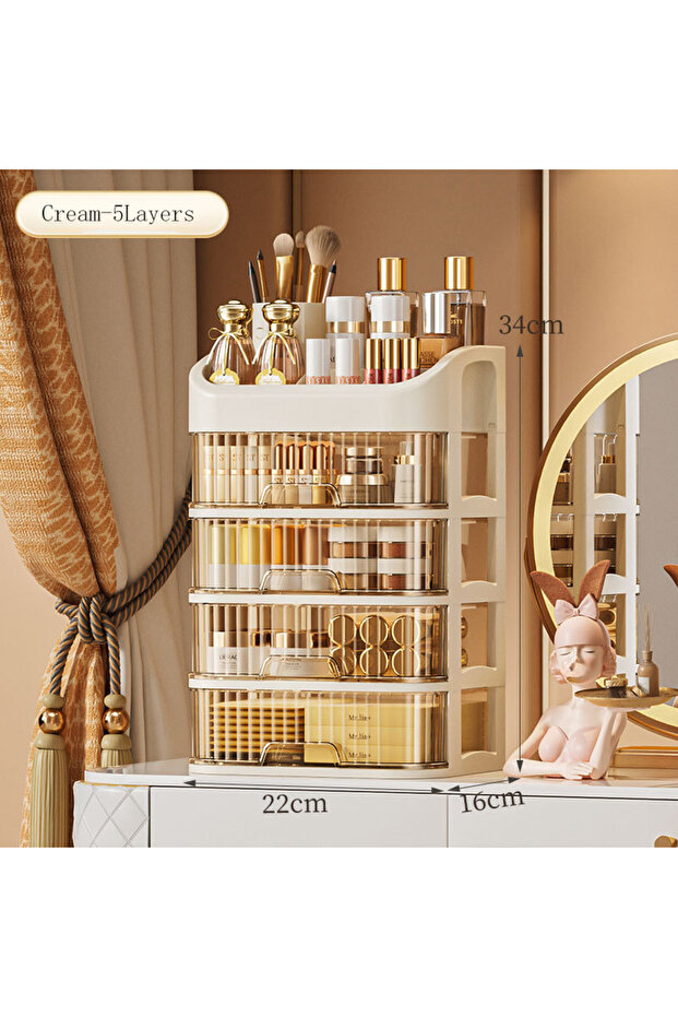 Cream-5 layers Cosmetic Storage Box Large Capacity Transparent Drawer Jewelry Makeup Storage Box Mul