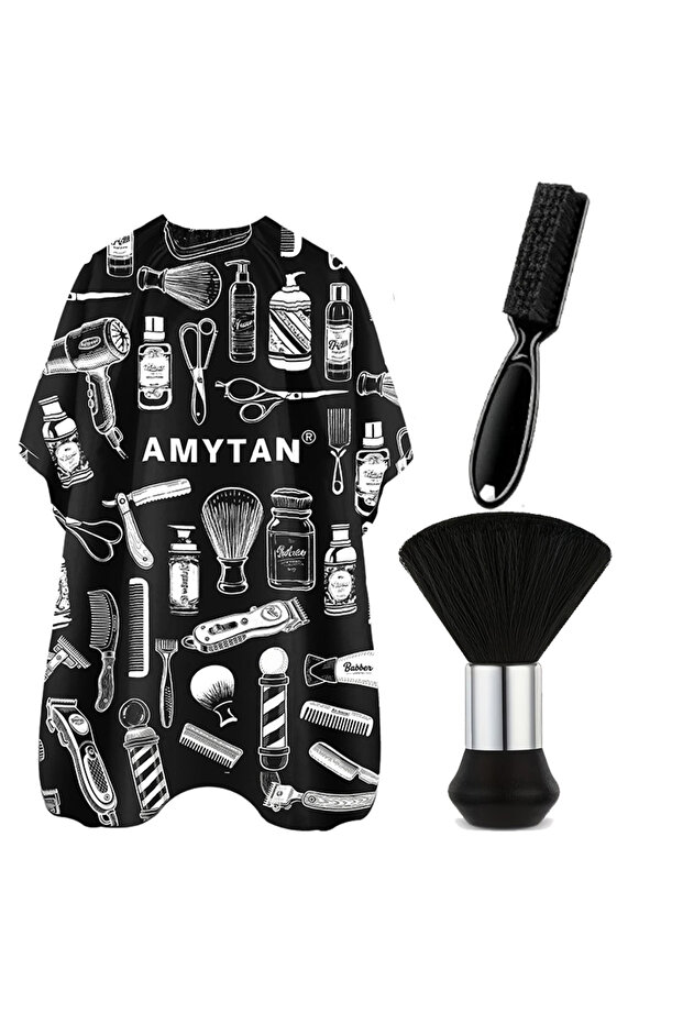 black-3pcs-A 2/3/4pcs Professional Barber Cape with Adjustable Neck Buckle, Hair Dust Brush Set -St