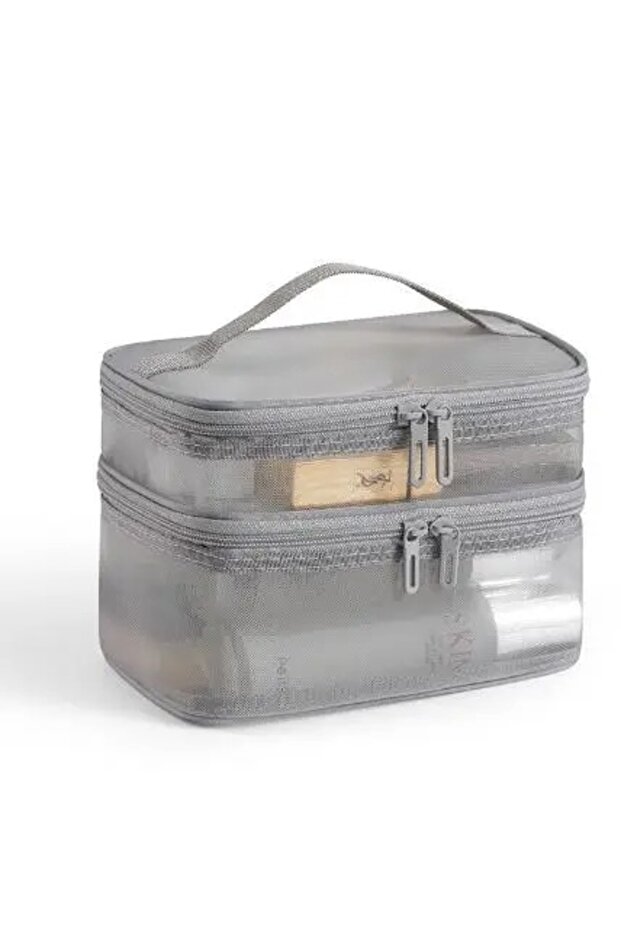Grey Double Layer Mesh Makeup Bag, Wash Bag, Women's Portable New Large Capacity Storage Bag, Cosmet