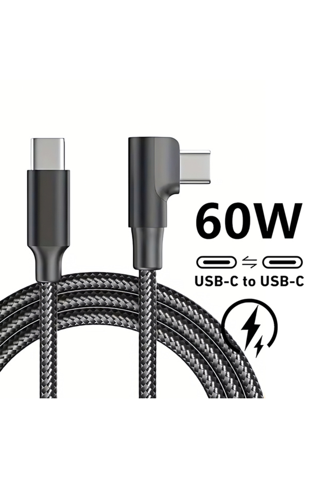 كابل شحن سريع USB-C بزاوية 90 درجة، أسود، 1 متر، بقدرة 60 واط، لهواتف آيفون 15 و16 و17 برو ماكس وبوكو F8 وون...