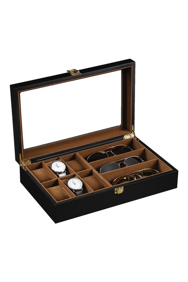 Brown Watch Organizer Box,6 Watch 3 Slots Sunglasses Wooden Watch Organizer Box with Real Glass Top,