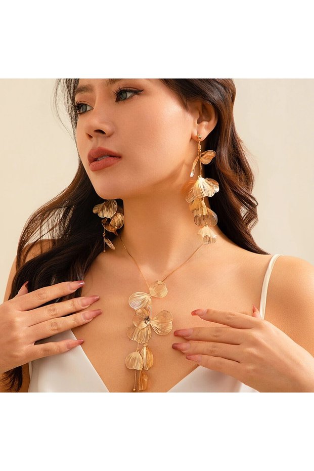 Gold Color Aesthetic Elegant Ginkgo Leaf Pendant Earrings Necklace Set for Women Romantic Bridal Tas