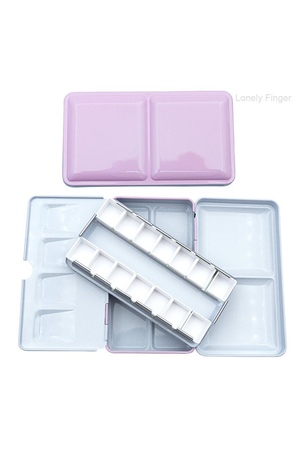 S2 Pink14Pans Empty Watercolor Palette, Metal Watercolor Tin with 14 Half Pans with Lid Paint Box fo