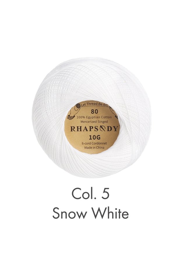 5 Snow White Rhapsody Premium Size 80 Cotton Crochet Thread 100% Egyptian Mercerized Singed 13 Color