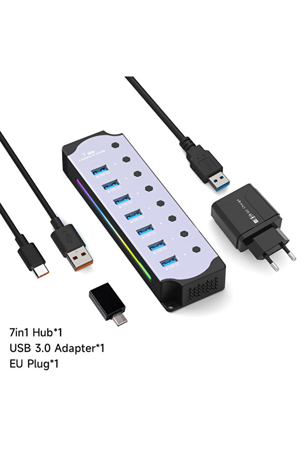 موزع USB 7 في 1 EU مزود بالطاقة و10 في 1 وواجهة USB 3.0 ومفتاح فردي وعلامة RGB E وتبديد الحرارة