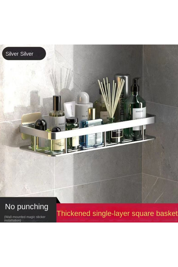 Silver 1Square Bathroom Storage Rack No Drill Shelves Wall Mount Corner Shelf Shower Holder For WC S