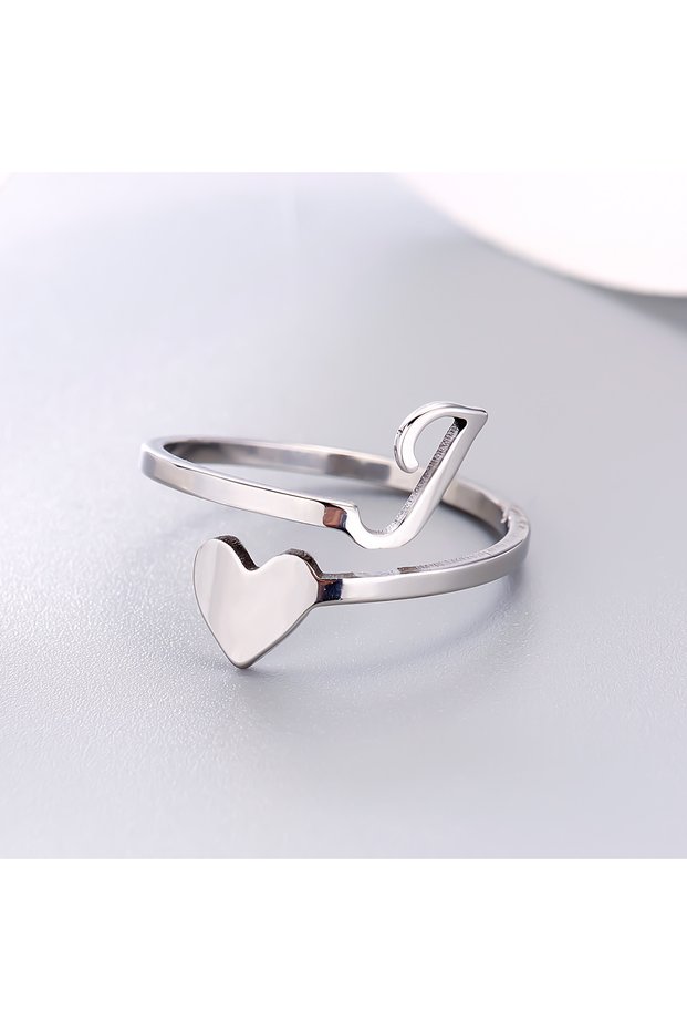 J Fashion Silver Color 26 Letter Love Heart Rings Stainless Steel Open Ring for Women Men Couple Ini