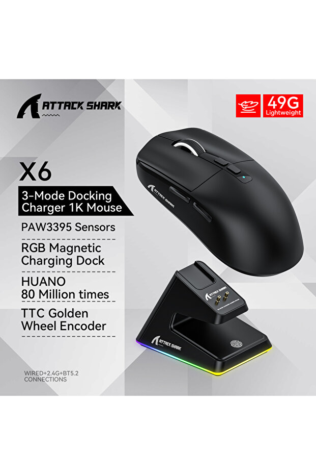 ماوس لاسلكي Black Attack Shark X6 مزود بقاعدة شحن مغناطيسية تعمل باللمس RGB PAW3395 مع اتصال ثلاثي الأوضاع