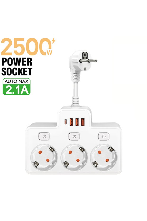 EU Plug White EU Plug AC Power Strip Wall Independent Switch 2500W European Standard Plug Outlet Wit