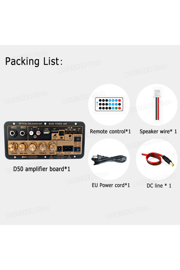 لوحة مكبر صوت رقمي D50 EU DC 12V بتقنية بلوتوث 5.0، AC 110V 220V، مضخم صوت فرعي، ميكروفون مزدوج، كاريوكي AM
