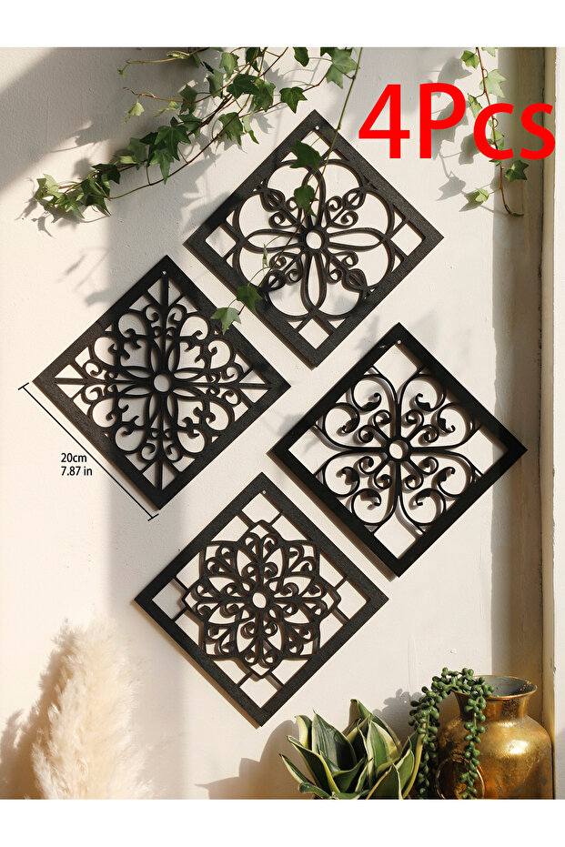 TK-MS6583 4Pcs Black Wooden Hollow Wall Decor Carve Designs Boho Home Decoration Hexagon Square Hang