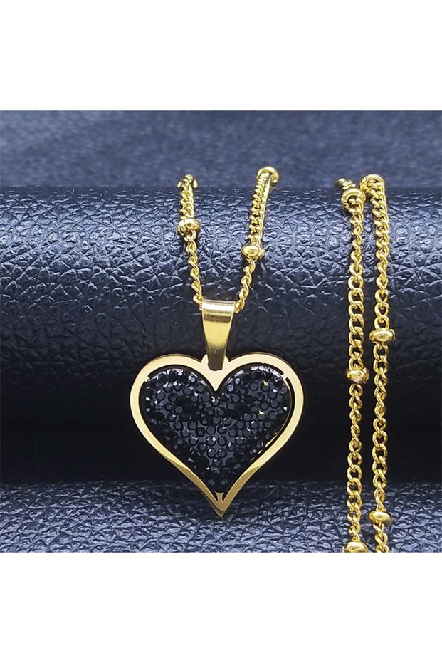 Abk 50cm JZP GD 2026 Stainless Steel Black Crystal Heart Necklaces Charm Women Gold Color Small Pend