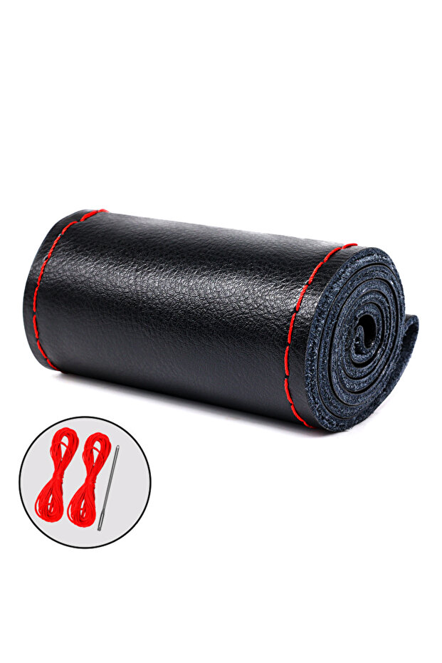 A-BLACK-RED 38cm 15inch Real cowhide Genuine Leather Car Steering Wheel Braid Cover Hand-stitched So
