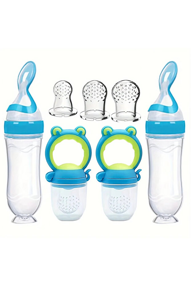 Blue 7pcs Baby Feeding Set: 2pcs Soft Silicone Feeding Bottle with Spoon,2pcs Fruit Feeder Pacifier