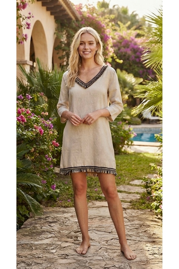 P-14 Beige Linen Tasseled V-Neck Three-Quarter Sleeve Shirt Pareo