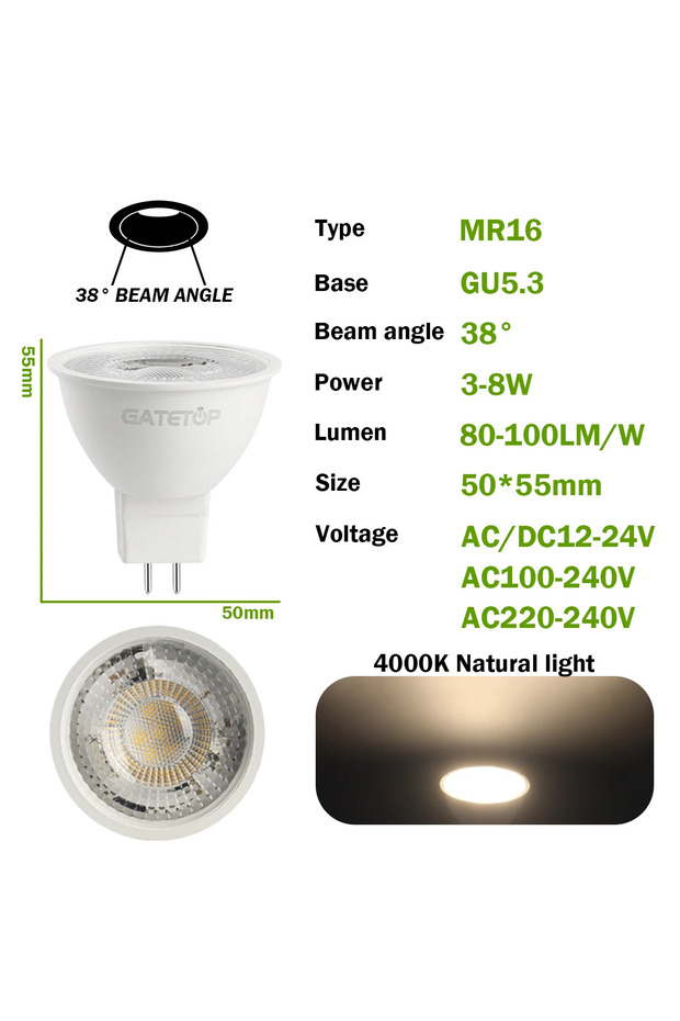3w AC220-240V 38 degrees 4000K 10PCS MR16 LED Spotlight Bulb GU5.3 Lampada AC 110V 220V 12V Bulbs Sp