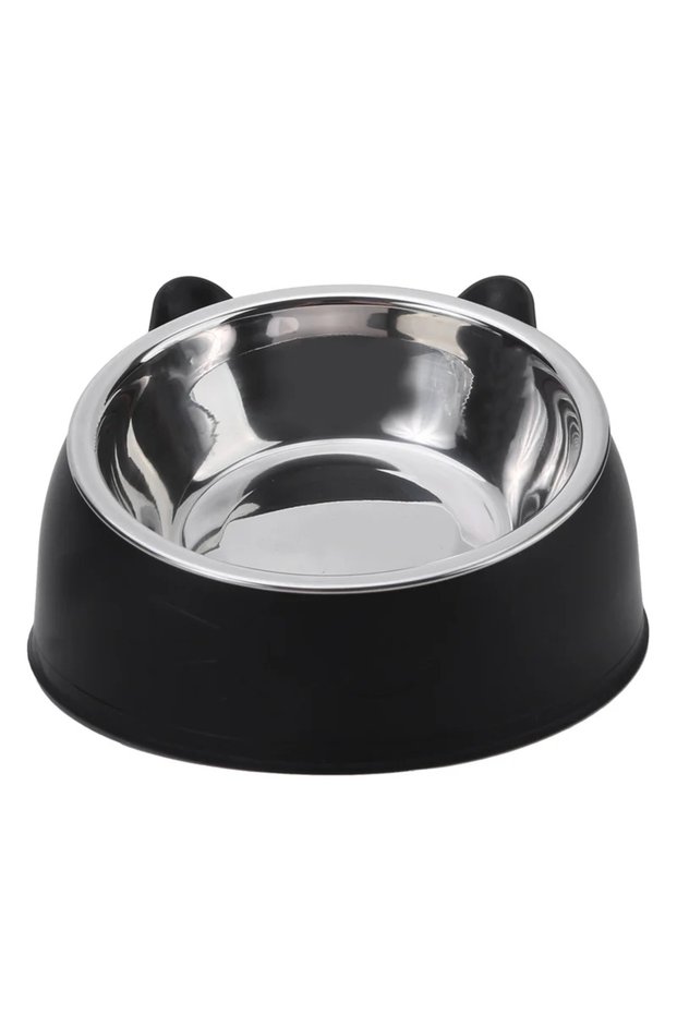 black 1pc Cat Bowl Lovely Creative Inclined Kitten Puppy Food Feeding Bowls Stainless Steel Cats Dri