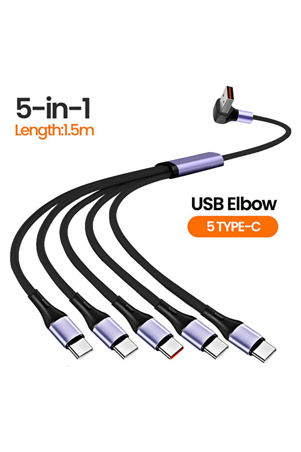 كابل شحن فائق السرعة 5 في 1 بطول 1.5 متر، يدعم تقنية USB-A بقدرة 66 واط، مزود بمنفذ USB-A، متوافق مع أجهزة iPhone.
