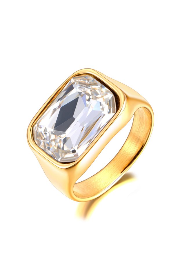 7 R24007G-White Lokaer Luxury Shiny Cubic Zirconia Stainless Steel Wedding Statement Ring 18K PVD Go