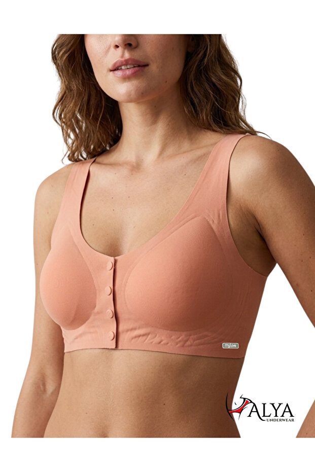 Women's Front Button Bra with Thick Straps and Ultra Comfortable Molded Laser Cut Invisible Bras - Powder O8816 My Love