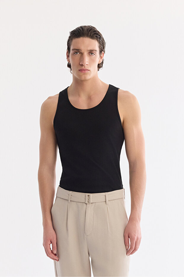 Men's Black Sleeveless Basic Ribbed Regular Fit Undershirt B001058
