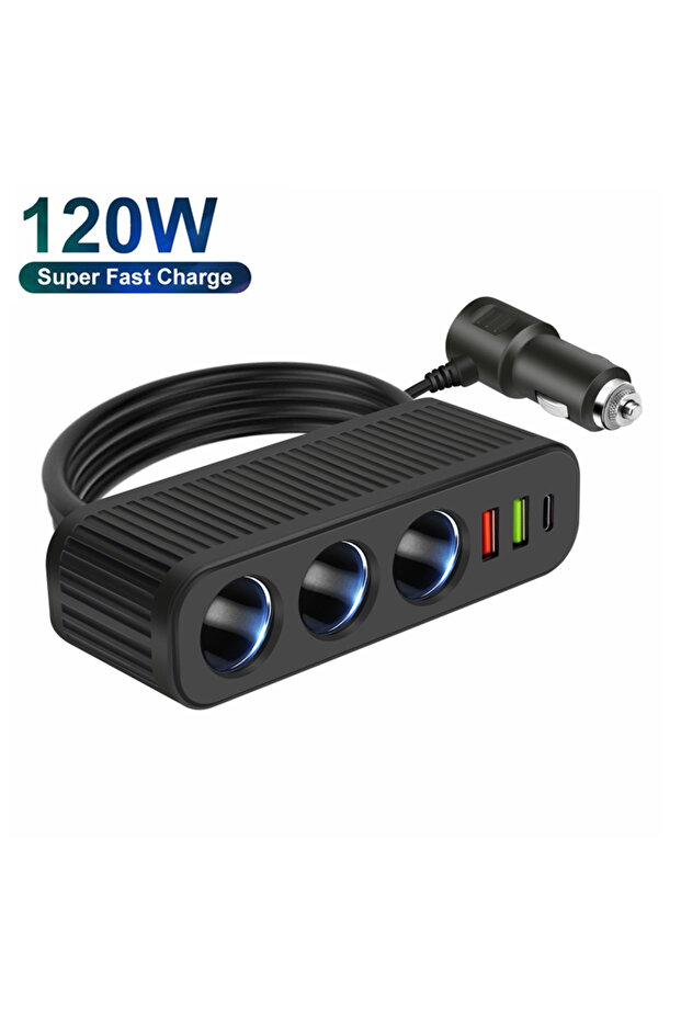 black 12V/24V Car Cigarette Lighter 120W Car Charger PD QC USB Quick Charge Power Adapter Charger On