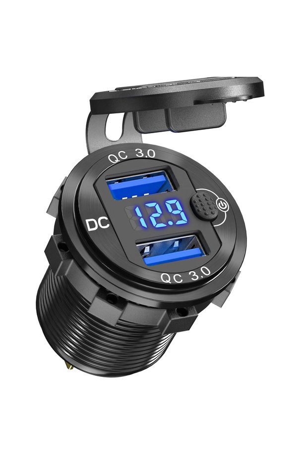 black 12V USB Outlet Dual 36W Quick Charge 3.0 Aluminum Socket 12V Motorcycle USB Outlet with LED Vo