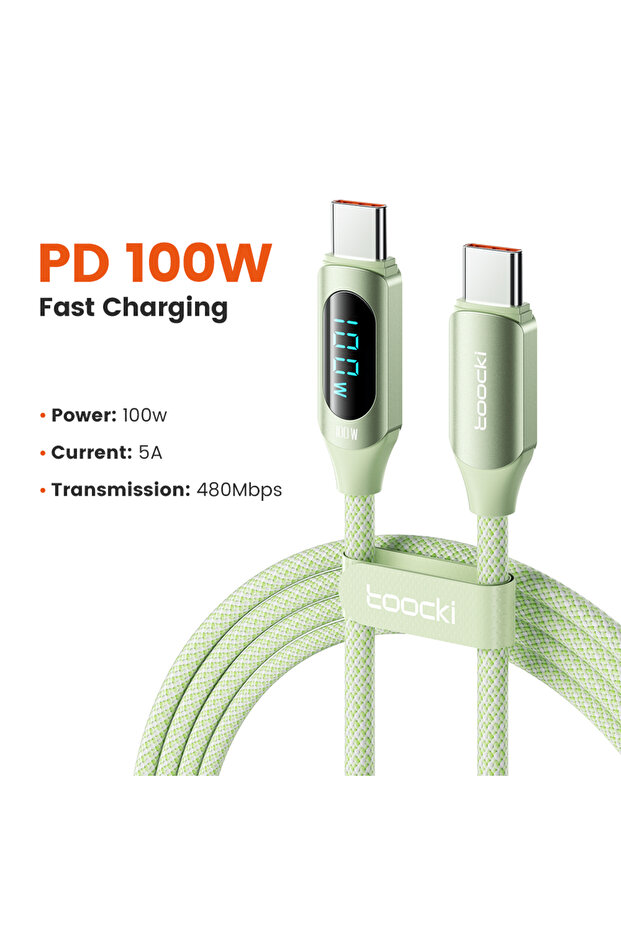 كابل USB-C إلى USB-C أخضر بطول 2 متر وقدرة 100 واط للشحن السريع بتقنية PD