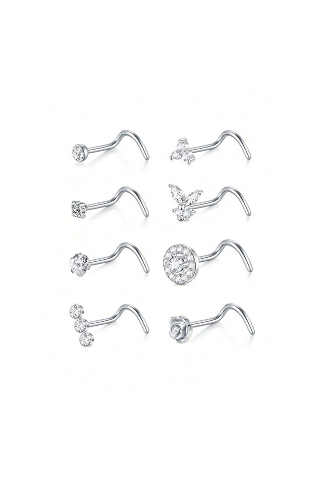 Screw-silver-20G 8Pcs/Set Nose Studs Rings For Women 18G 20G Corkscrew L Shaped Nose Screw Studs Nos