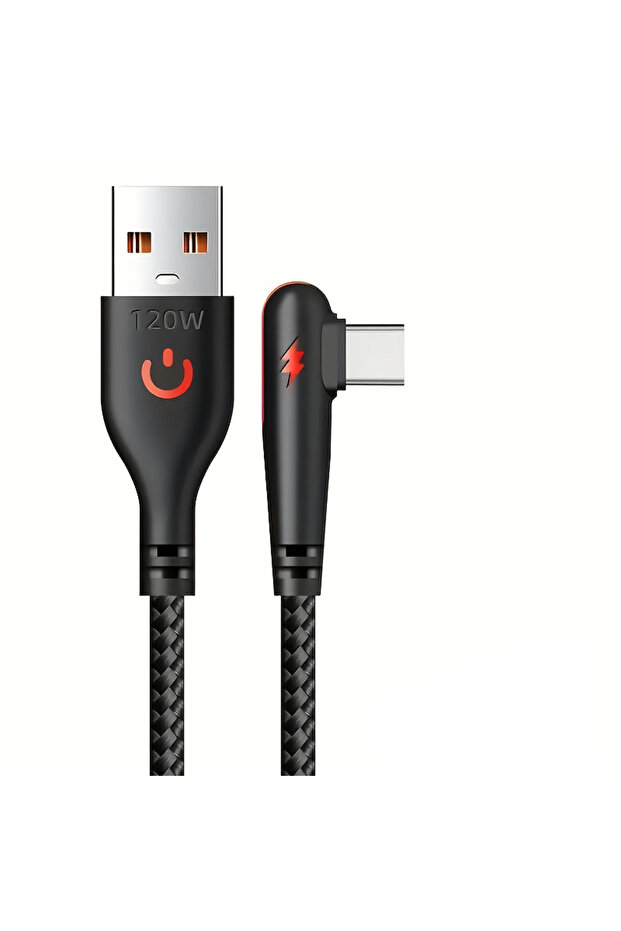 كابل شحن سريع USB إلى C من NNBILI أسود اللون بطول 1.5 متر وقوة 120 واط، مصنوع من النايلون المضفر، بتصميم منحني بزاوية 90 درجة، مناسب لـ