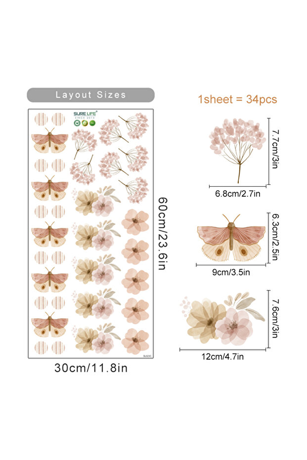SL623C Boho Botanical Floral Butterfly Watercolor Nursery Wall Stickers Removable Children DIY Wall