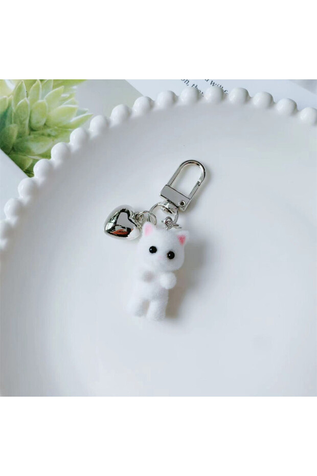 white A ZAKOL Cute Flocking Cat Keychain 3D Love Phone Pendant Headphone Charm Bag Decor Car Key Rin