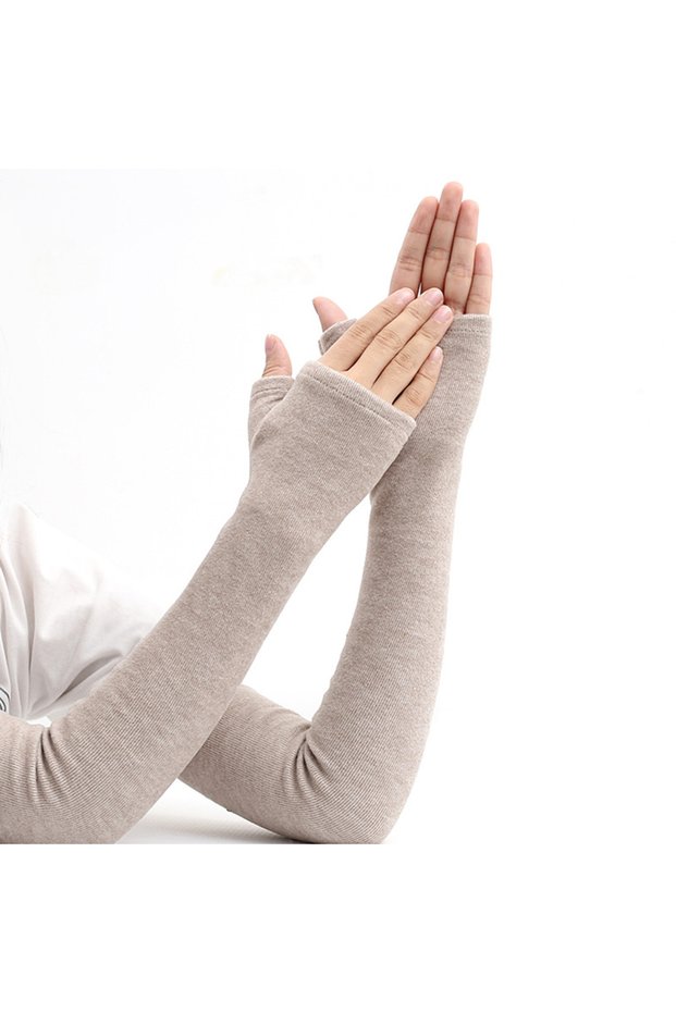 khaki-A 1Pair Winter Arm Sleeves Thickened Cold-proof Cashmere Women Men Winter Sleeves Thumb Hole F