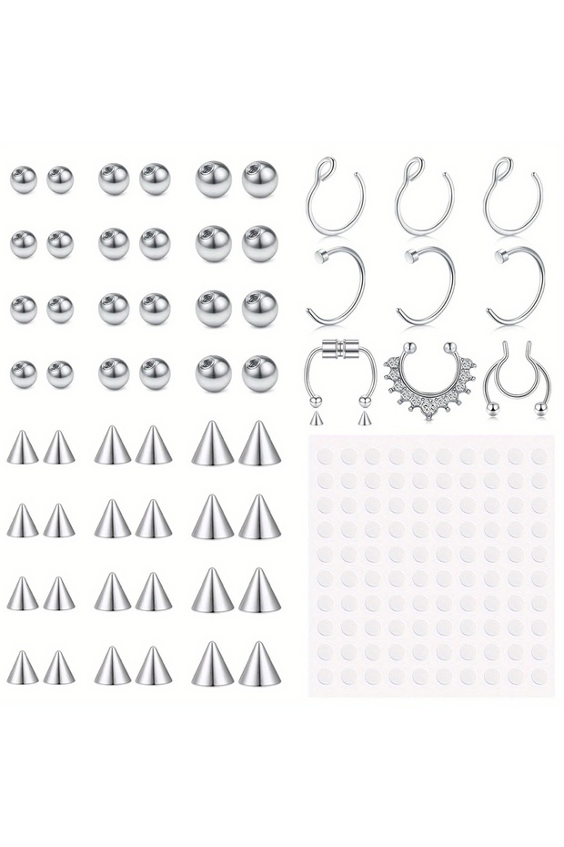 Silvery 60pcs Face Nose Rings & Studs Geometric 60pcs Fake Eyebrow Ring Fake Lip Labret Studs Replac