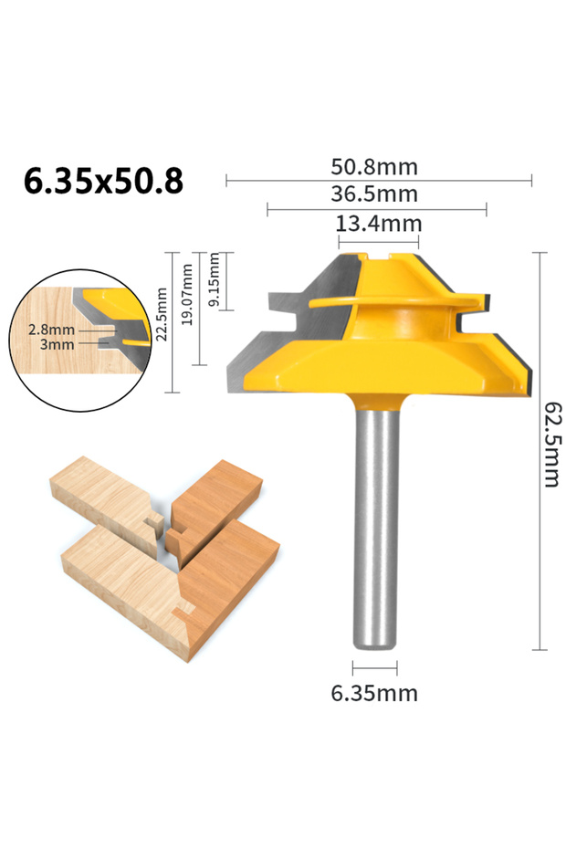 6.35x50.8x22.5 1Pc 45° Degree Lock Miter Router Bit Woodworking Milling Cutter For Wood Tools