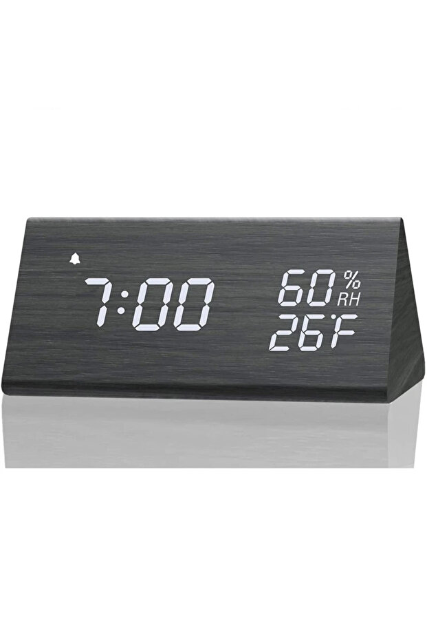Black Wooden Alarm Clock Clock LED Time Display USB Charger Humidity and Temperature Detection Digit