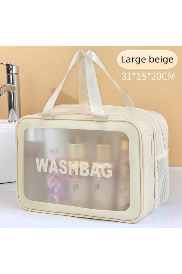 Large beige Dry-wet separation double transparent PU makeup bag portable washing bag cosmetic storag