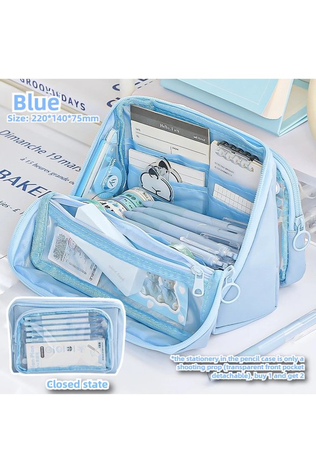 Blue New 9-layer Double-sided Detachable Large-capacity Pencil Pouch Reversible Student Stationery P