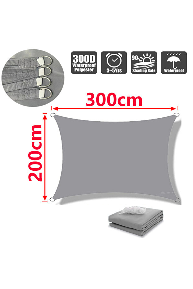 Grey 200x300cm 300D Outdoor Waterproof Sun Sail Rectangular Sun Sail Garden Deck Canopy Courtyard Sw