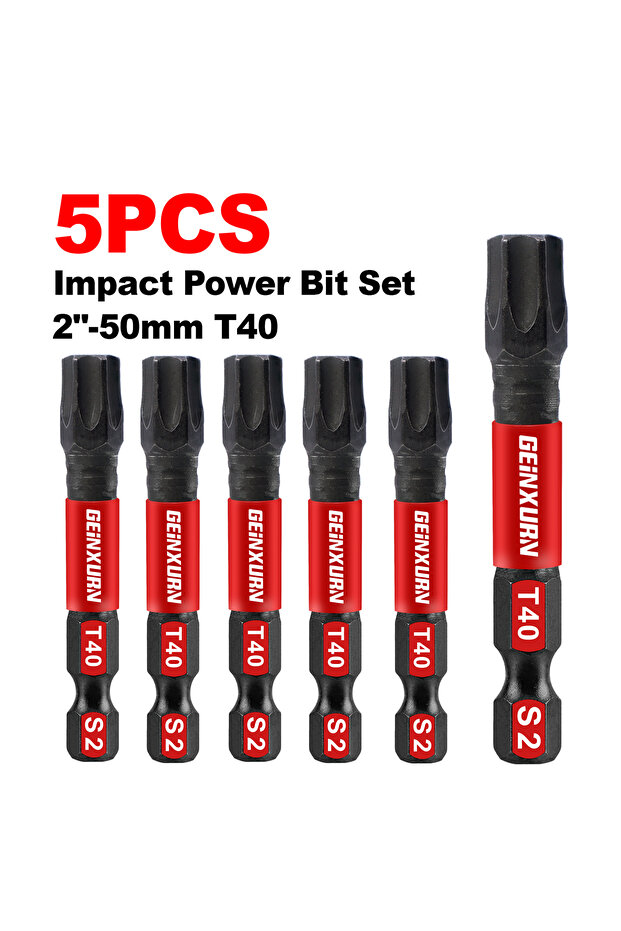 2Inches 5PCS Geinxurn 2 In.Impact Tough Magnetic Power Bit Set, Torx Head Power Bits,S2 Alloy Steel