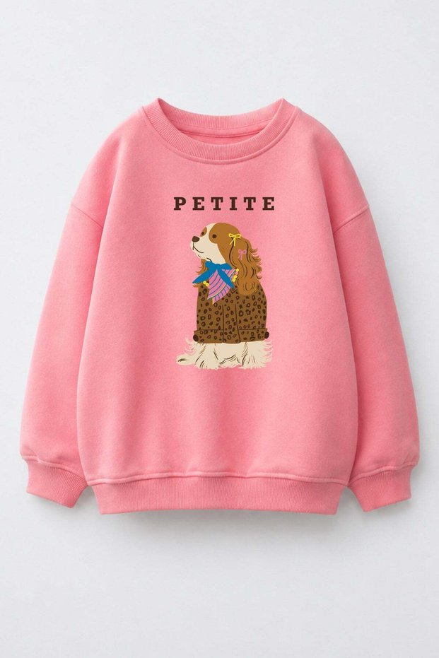 Girl's 3 Thread Fabric Cotton Dog Printed Sweatshirt