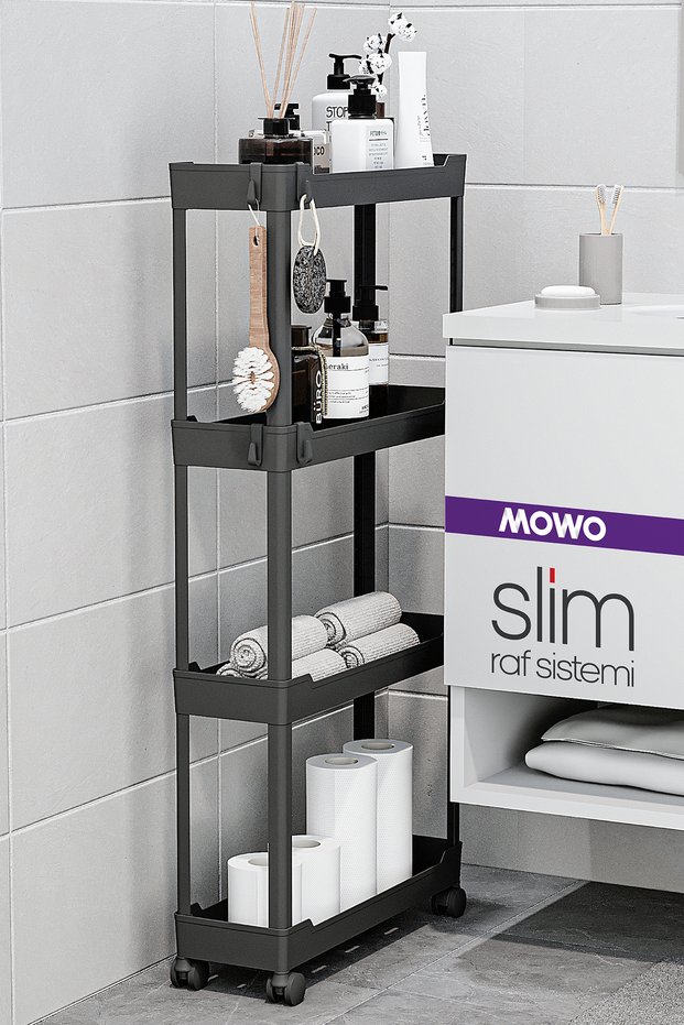 Slim 4-Tier Rolling Shelf Unit in Black, Bathroom Shelf, Kitchen Shelf, Bathroom Organizer