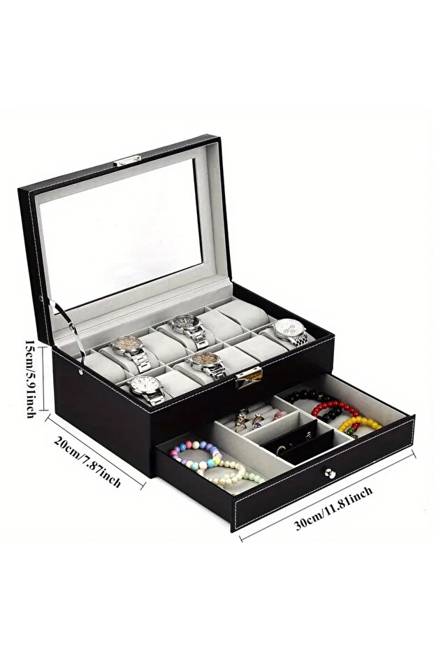 Double layer black Watch Jewelry Box Organizer PU Leather Storage Box for Ring Earrings Bracelet Wat