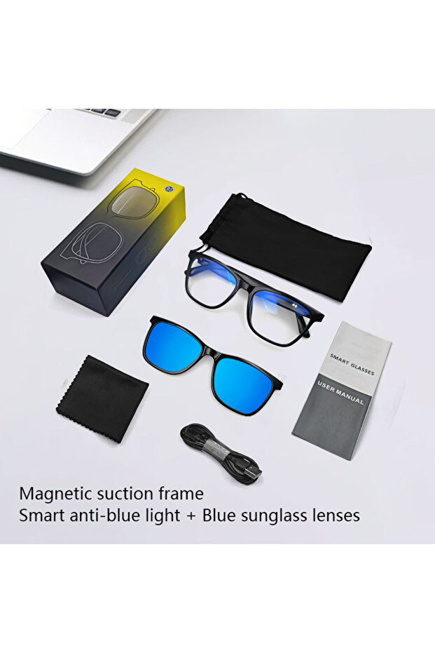 Blue Hot GS05 Smart Glasses For Men 2 in 1 UV Protection Portable Polarized Anti-blue light Black Fr