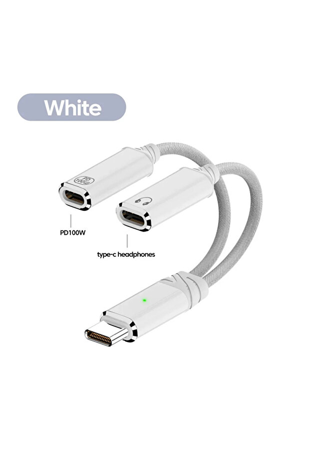 محول شحن سريع أبيض PD100W مع كابل 2 في 1، مقسم USB-C، مقبس سماعات من النوع C، محول صوت