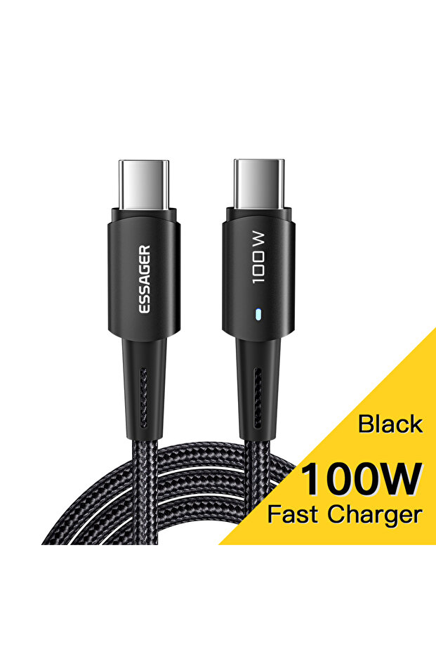 كابل إيساجر USB-C أسود بطول 2 متر وقوة 100 واط، يدعم الشحن السريع PD وQC 4.0 و3.0.