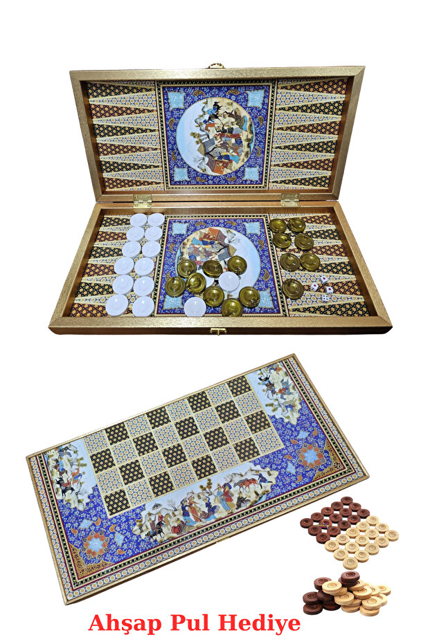 Old Age Patterned Backgammon Set Large Size + Wooden Stamp Gift