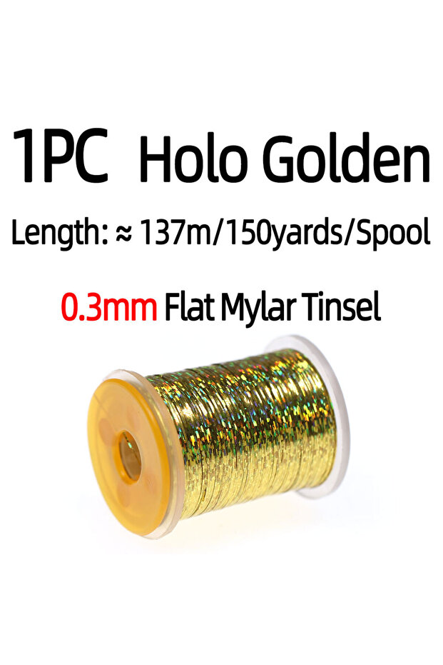 1PC Holo Golden 1PC 0.3mm Wide Flat Mylar Tinsel Holographic Flashabou Tinsel Fly Tying Material For