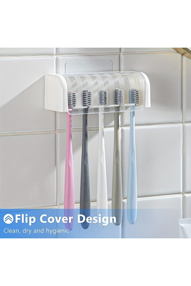 WHITE A covered 5-slot toothbrush holder, self-adhesive wall toothbrush storage rack, plastic bathro